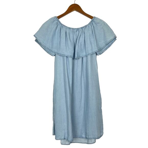 Sanctuary | Stella Flounce Blue Chambray Off the Shoulder Mini Dress - Picture 2 of 11
